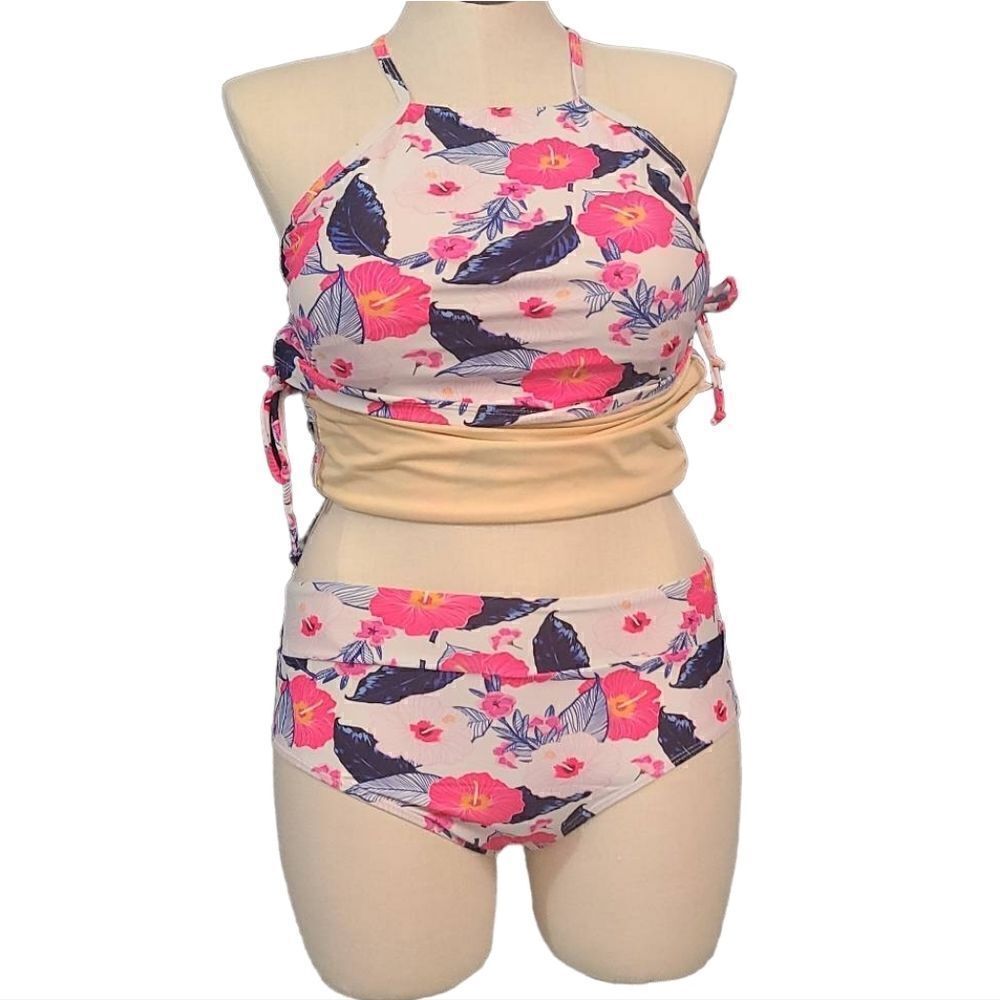 NWT Tankini Midrise Bikini Swimsuit Set Pink Blue Floral - Picture 16 of 16